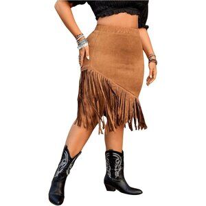 Women's Brown Plus Size Elastic Waist Fringe Trim Western Cowgirl Midi Skirt
